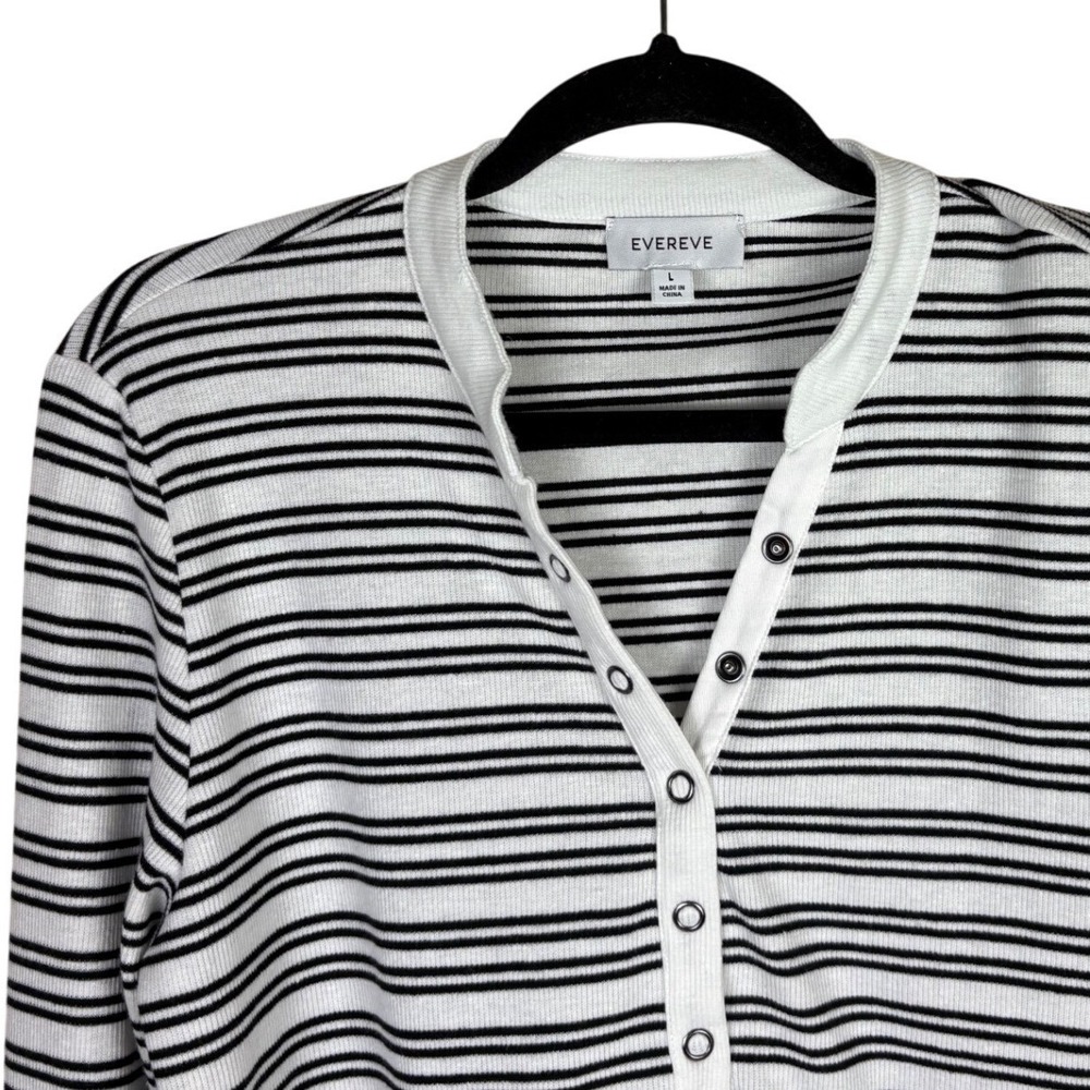 Evereve Milo Black White Striped Ribbed Long Sleeve Henley Top Large - Picture 3 of 5
